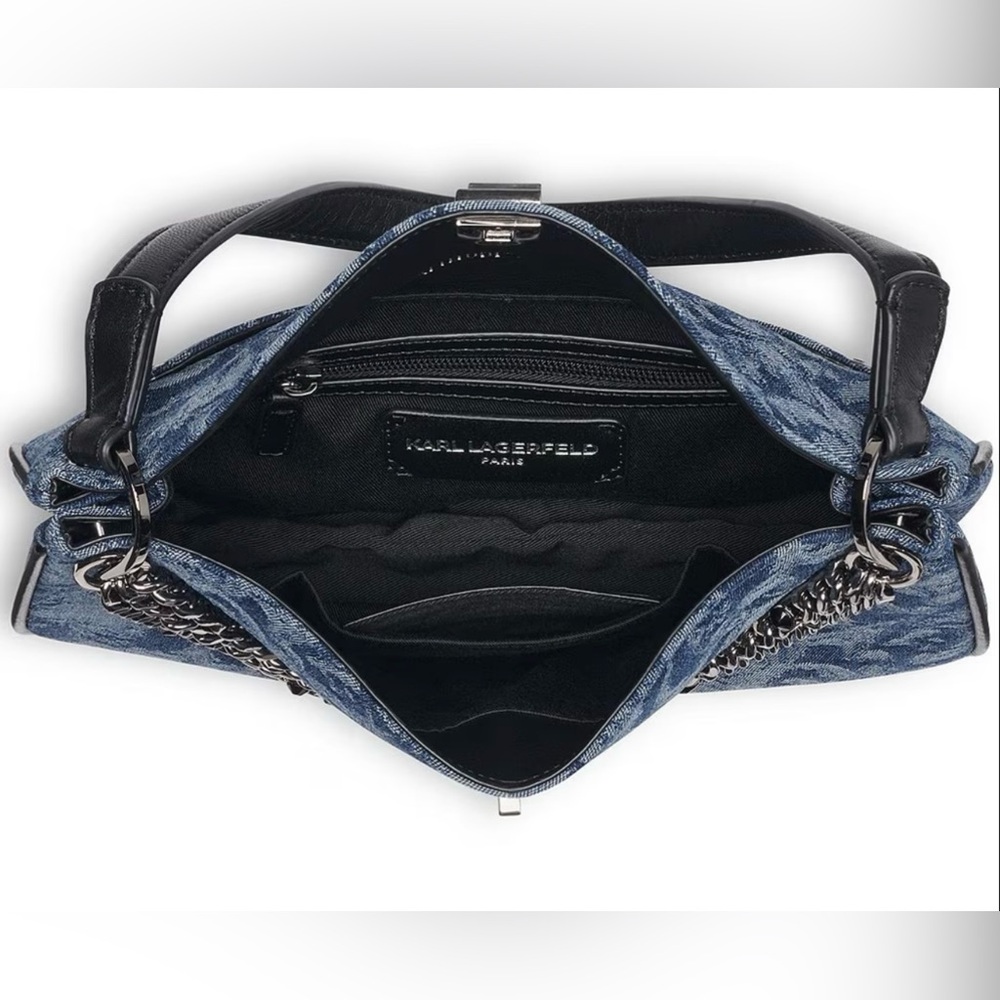 NWT KARL LAGERFELD PARIS Nadine Denim Shoulder Bag—Silver Chain Detail W/ Dusty - Picture 5 of 6